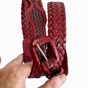 Justin Black Cherry Red Leather Braided Belt Vintage 0955-R 1" Wide Sz 32 Waist